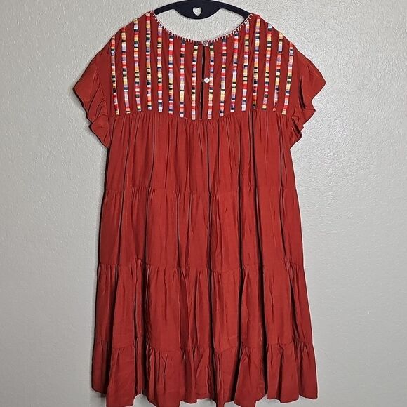 Entro Rust Red Tiered Dress with Colorful Rainbow Embroidered Stripes Small - Picture 5 of 9